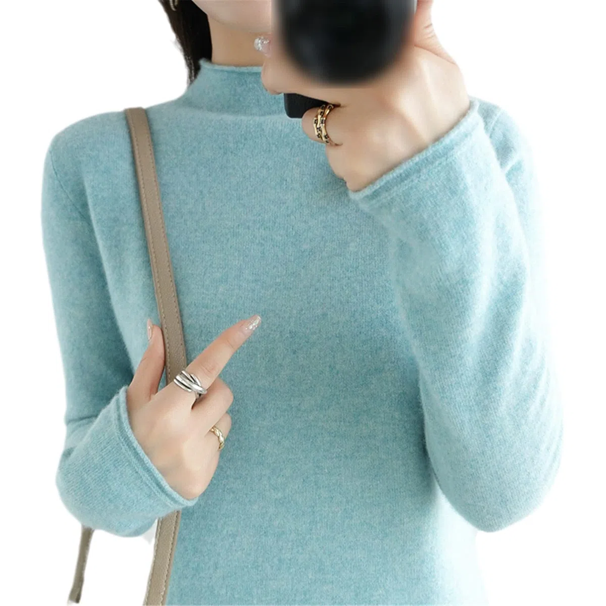Kelsiop 100% lana suéter de media mujer cuello alto jersey de punto suelto superior otoño invierno cálido manga larga suéter, Bean Green, L