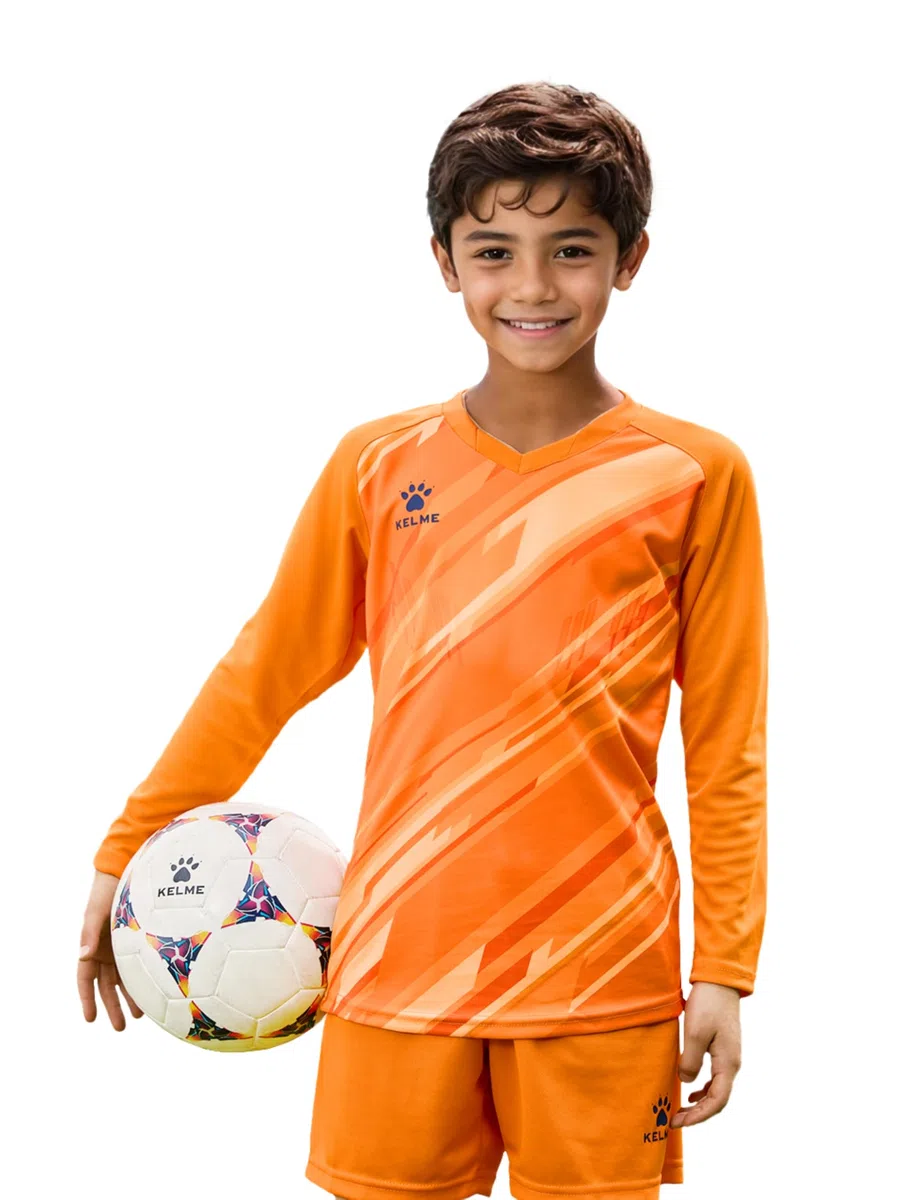 KELME Camiseta de portero acolchada y corta para niños, camiseta de portero, uniforme de fútbol de manga larga, juego de fútbol sal, juego de ropa naranja para niños 6