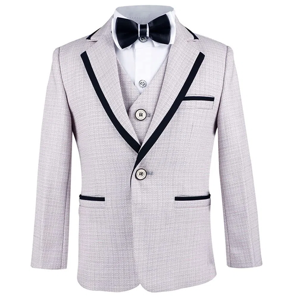 DAIHAN Infantil Traje de niño Actuación Boda Cumpleaños Fiesta Ceremonia Ropa Formal Conjunto de Smoking Chaleco de Vestir Blazer intura Elástica Pantalones Elegantes con Pajarita 2-7 años
