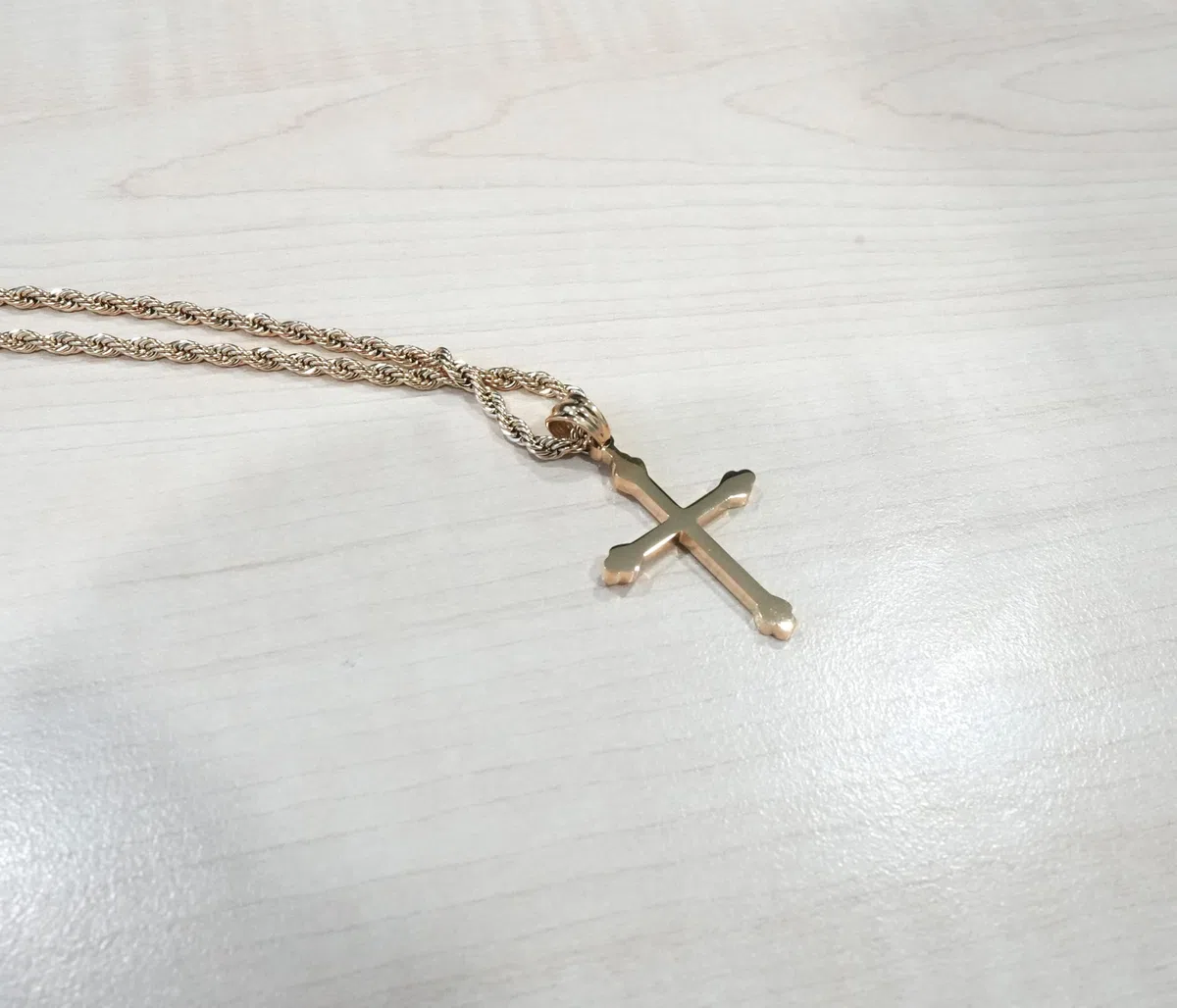 18K Small Gold Cross Necklace Pendant Charm with 3MM Rope Chain Gift for Men Women Husband Wife Baptism Religious w/real strong Solid Clasp Fashion Jewelry