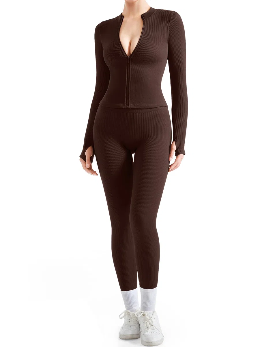 SUUKSESS Conjunto de entrenamiento acanalado sin costuras de 2 piezas para mujer, con chaqueta con cremallera, cintura alta, leggings de yoga para gimnasio