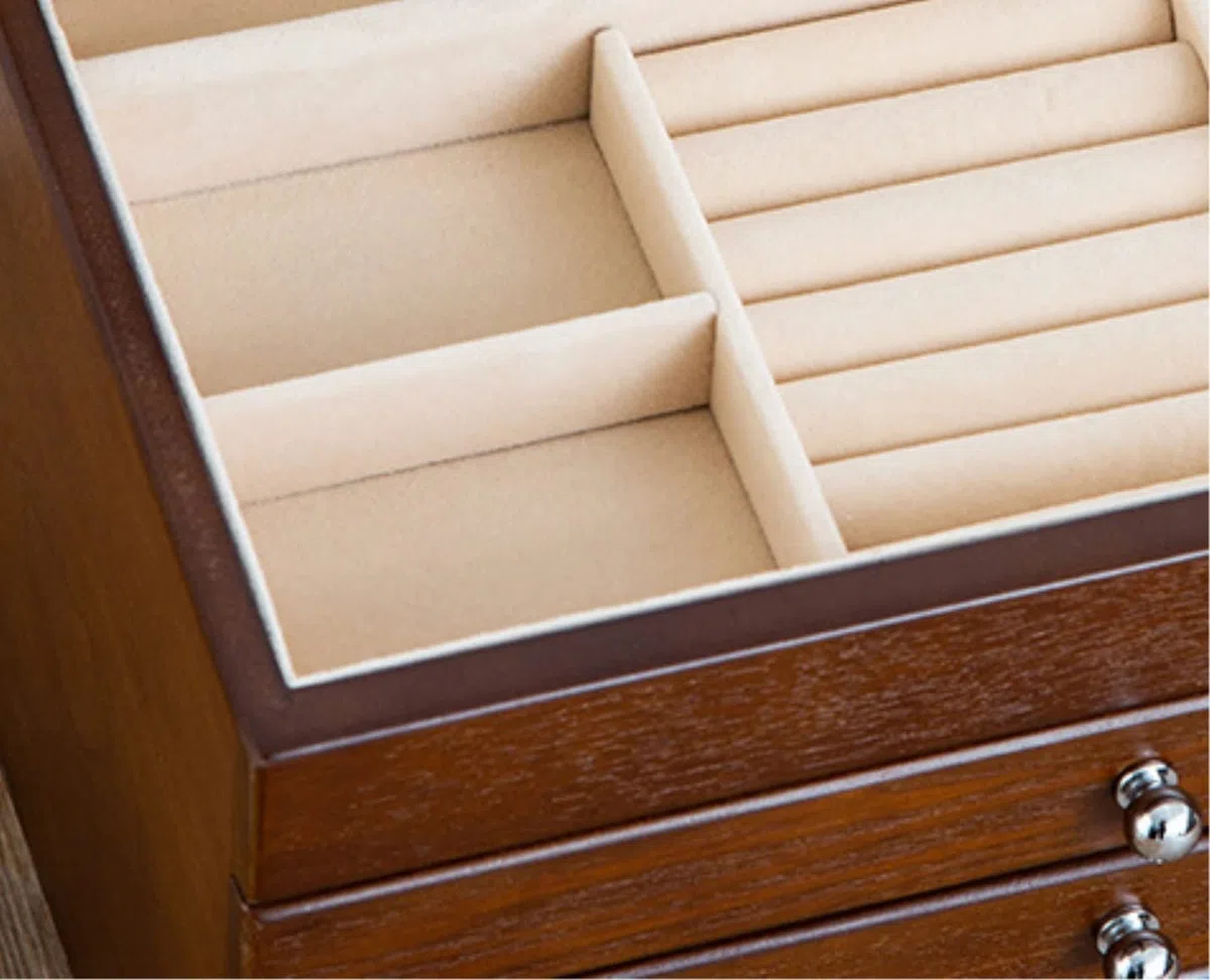 XBTGS Joyero organizador de joyas, caja de almacenamiento con 4 cajones, contenedor organizador con cerradura de terciopelo para anillos, collares, aretes, joyeros, joyeros, marrones, 31 x 21 pulgadas