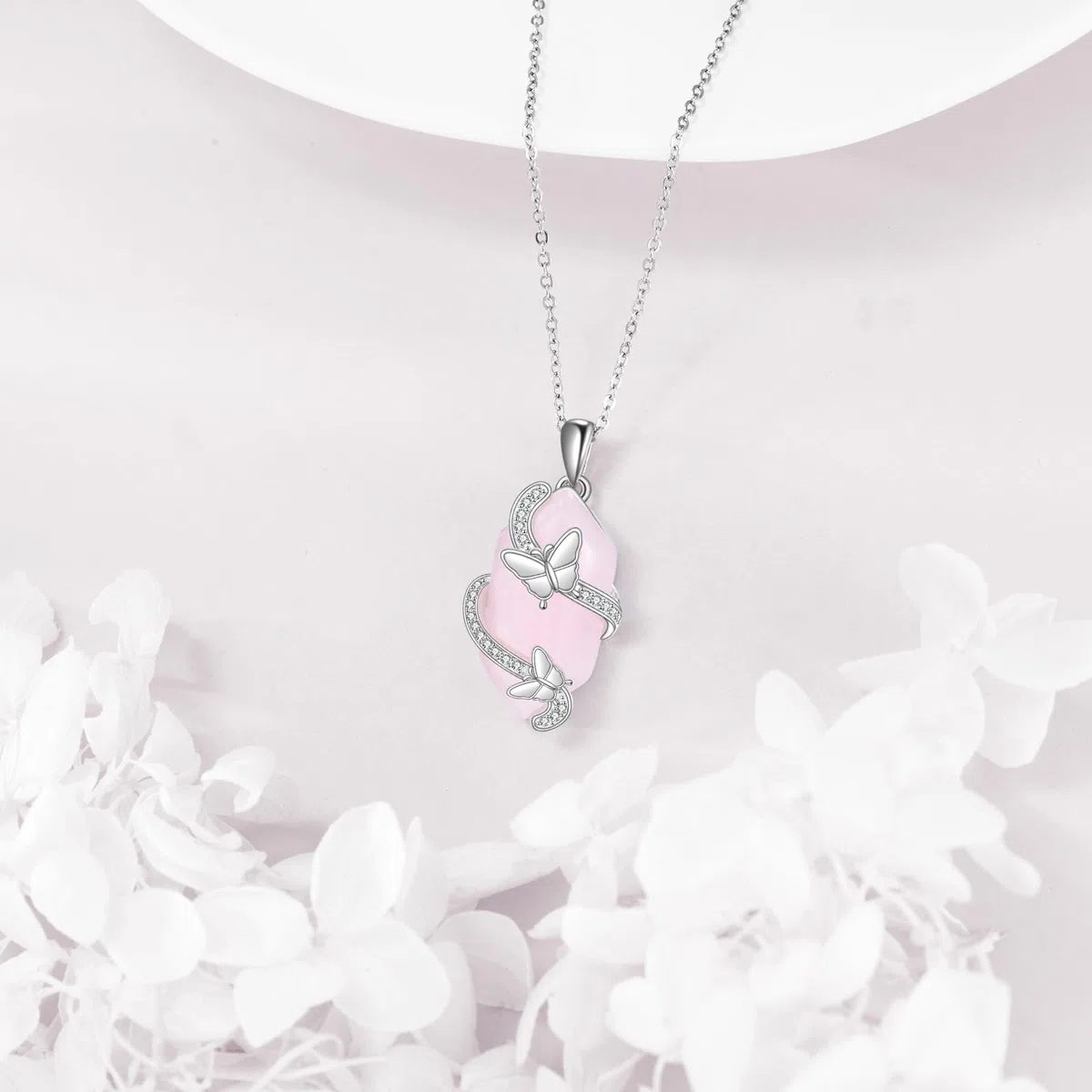 ONEFINITY Collar de cuarzo rosa de plata de ley 925 con colgante de mariposa, cristal rosa, joyería de cuarzo rosa para mujer