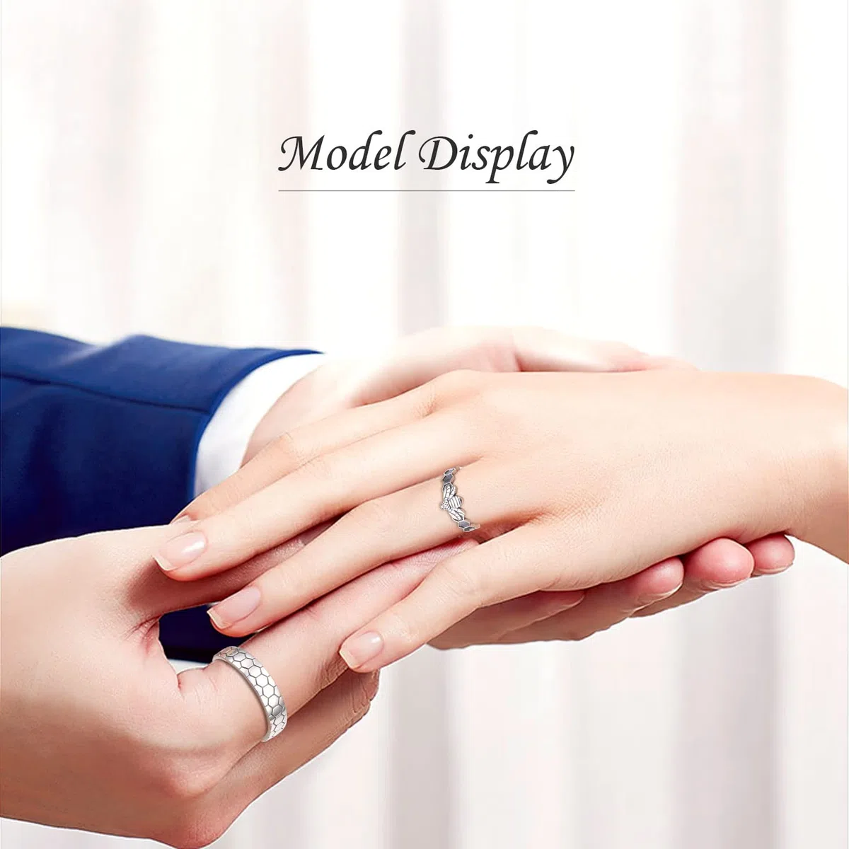 Juego de anillos de pareja de panal de abeja, plata de ley 925, bonito anillo de combinación de animales para parejas, grabado "I Love You", anillo de compromiso ajustable para él y para ella