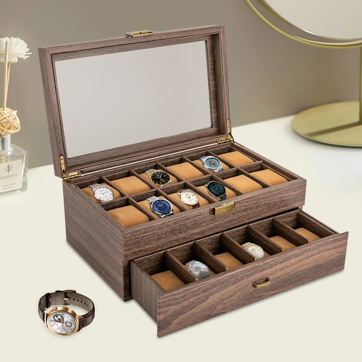 Caja para relojes con 24 compartimentos de madera, organizador para hombres y mujeres, hoja de cristal para guardar relojes, caja de almacenamiento para relojes y joyas, caja de regalo, 34 x 21 x 15