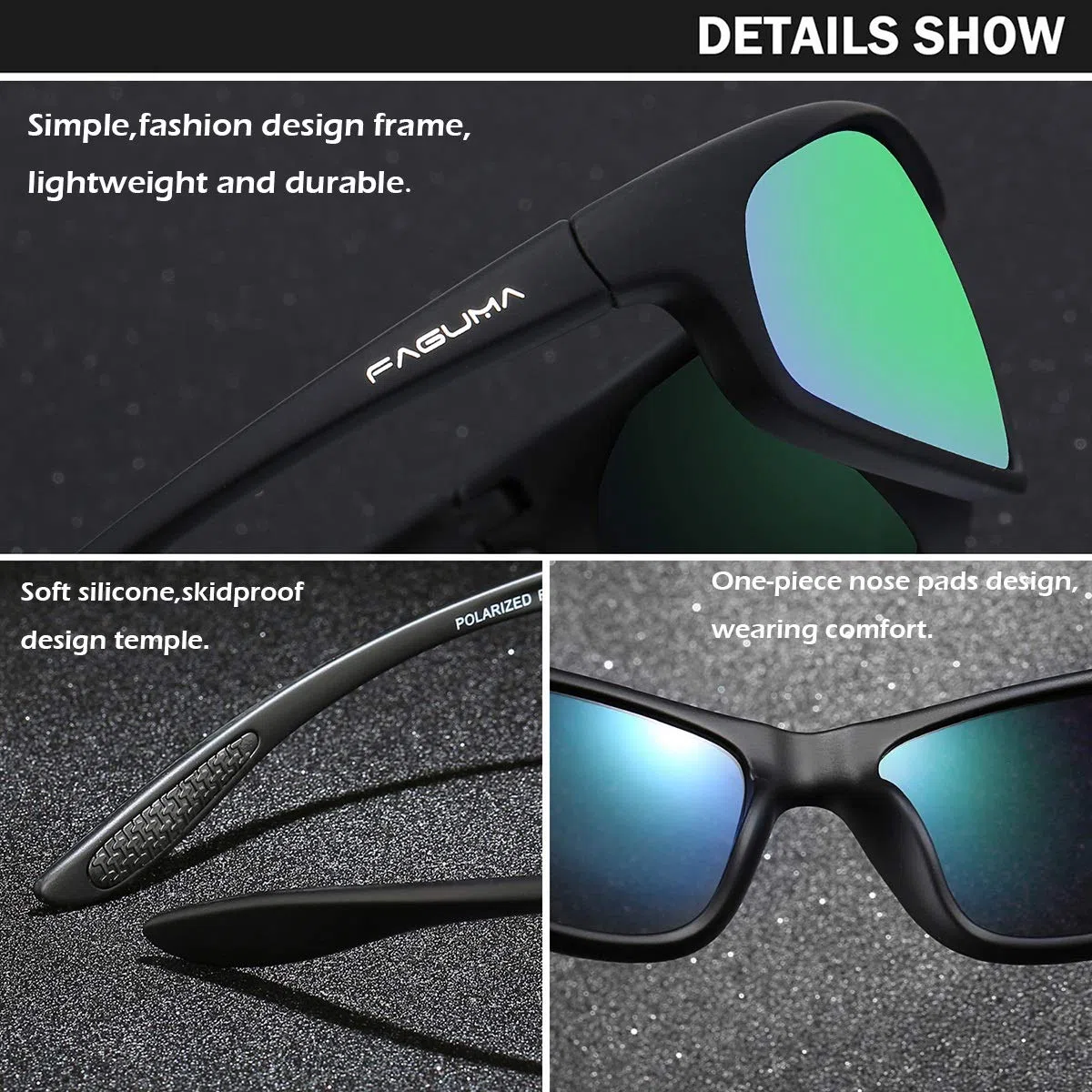 FAGUMA Gafas de sol polarizadas de los deportes para los hombres que conducen la pesca 100% protección ULTRAVI, Marco negro mate/lente de espejo verde.