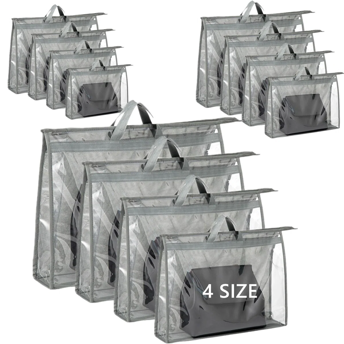 Paquete de 12 bolsas de polvo para bolso, bolsa organizadora de almacenamiento transparente para armario con cremallera y asa, bolsa de 4 tamaños para colgar contra el polvo para bolso,