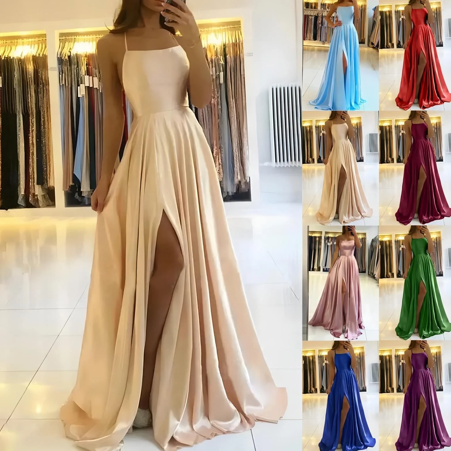 xxxiticat Vestido largo para mujer, elegante, de satén, línea A, vestido de noche, sexy, espagueti, vestido de novia, vestido largo de princesa de dama de honor