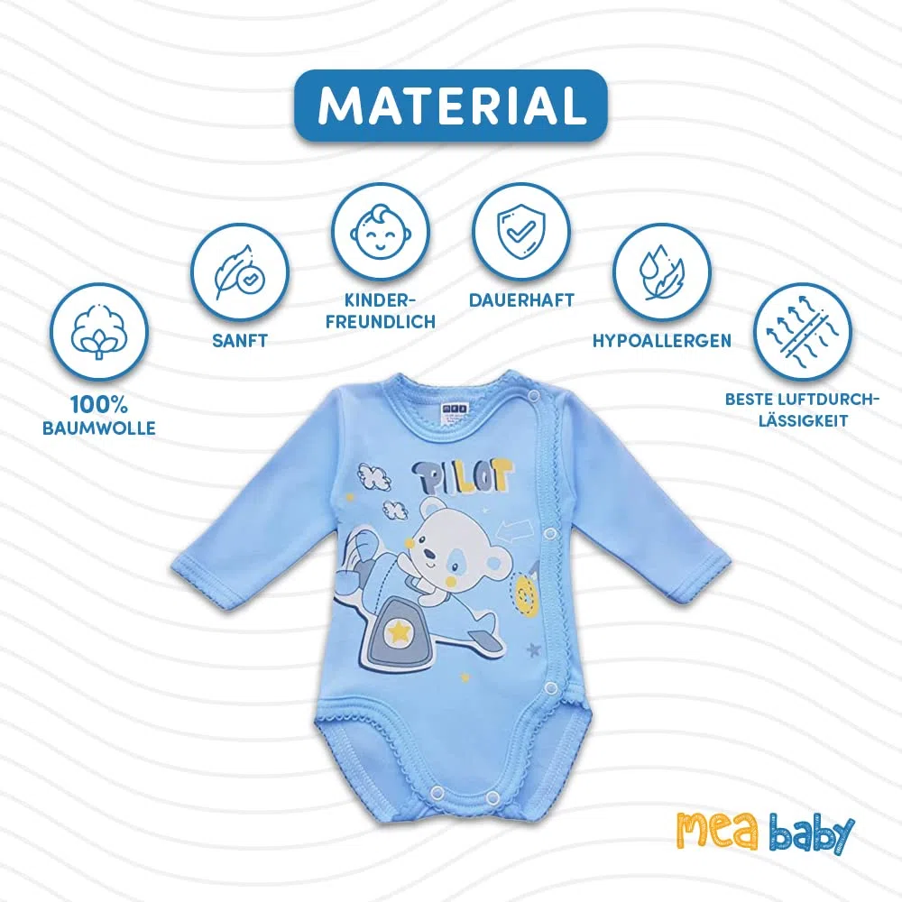 MEA BABY body de bebé unisex cruzado de manga larga 100% algodón, juego de 5, con estampado para niñas y niños (62, niño3)
