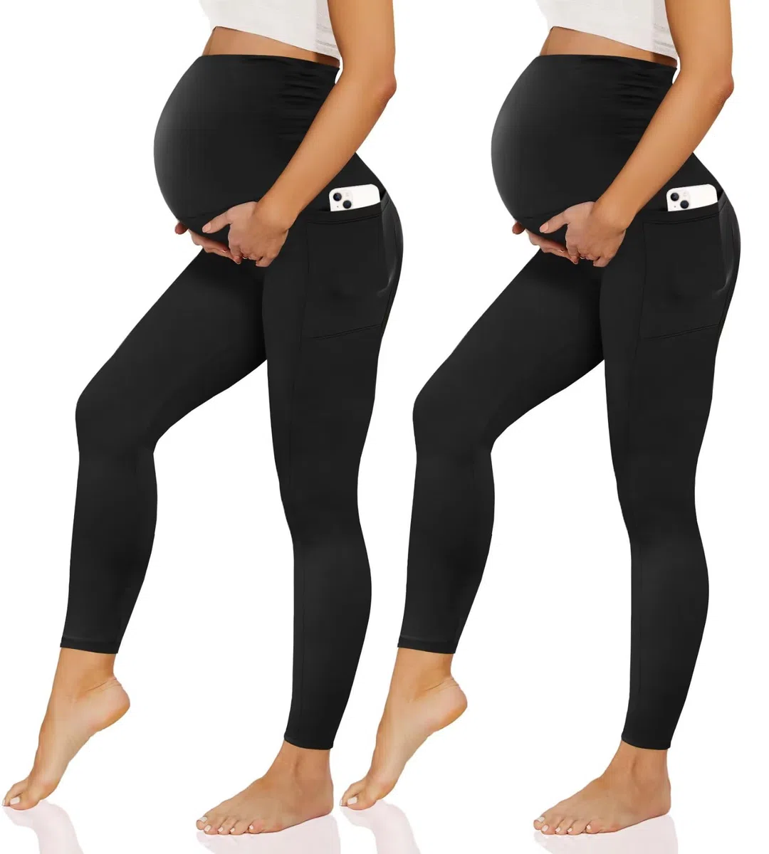 Happy.angel Paquete de 2/3/4 leggings de maternidad con bolsillos sobre el vientre, pantalones negros para entrenamiento, yoga, embarazo