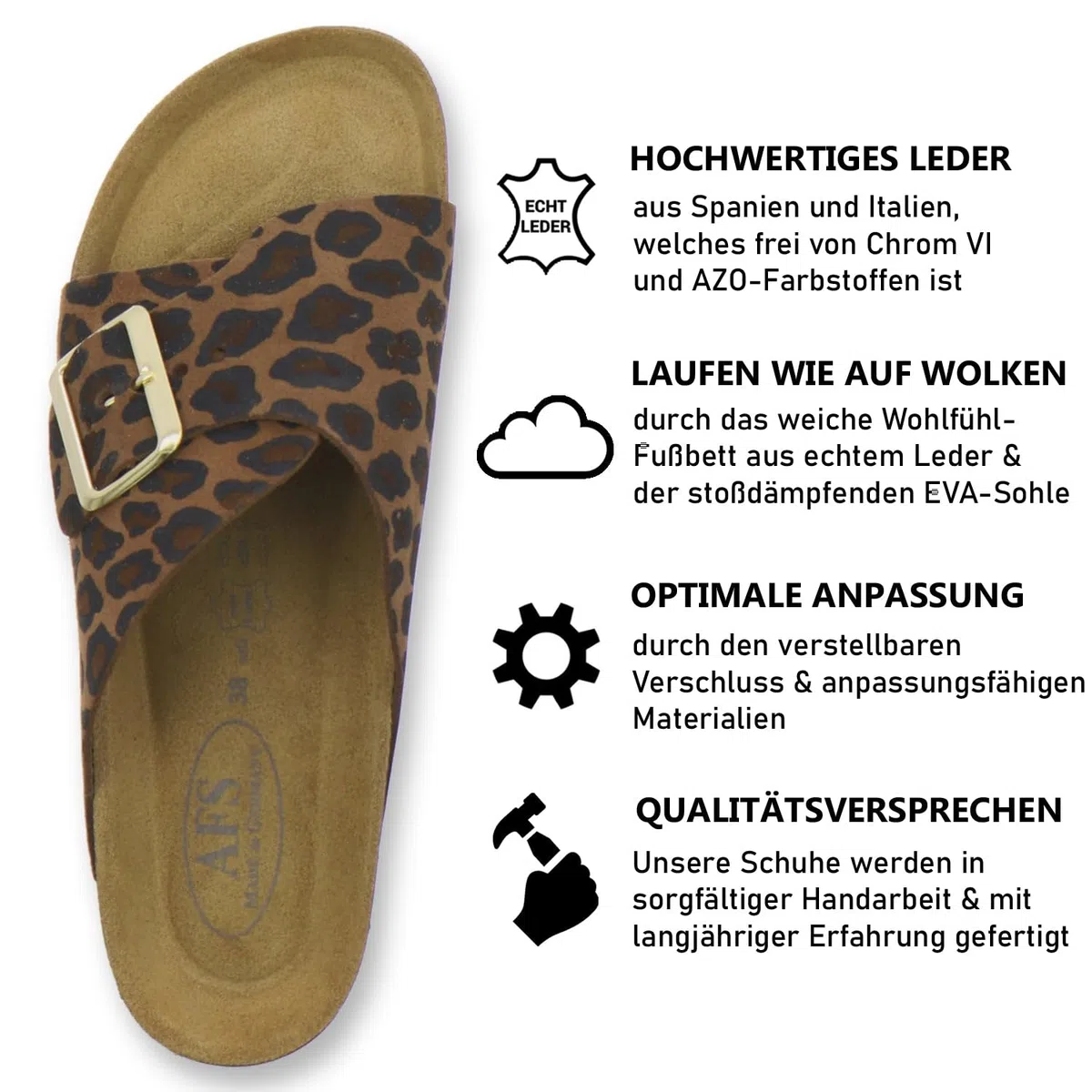 AFS-Schuhe 2150 Sandalias de mujer de piel auténtica, sandalias de verano con hebilla grande, hechas a mano en Alemania