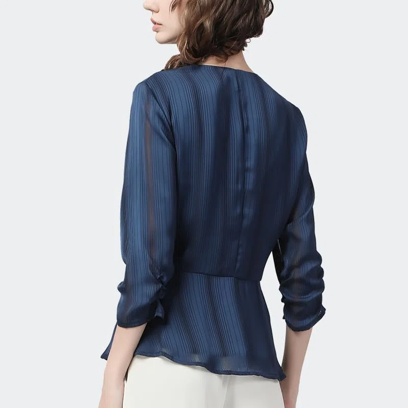 Blusas de Gasa a Rayas Azules para Mujer, Blusas Informales de Oficina con Cuello en V Ajustadas con Fajas y Mangas Tres Cuartos, Camisa (Negro XL)