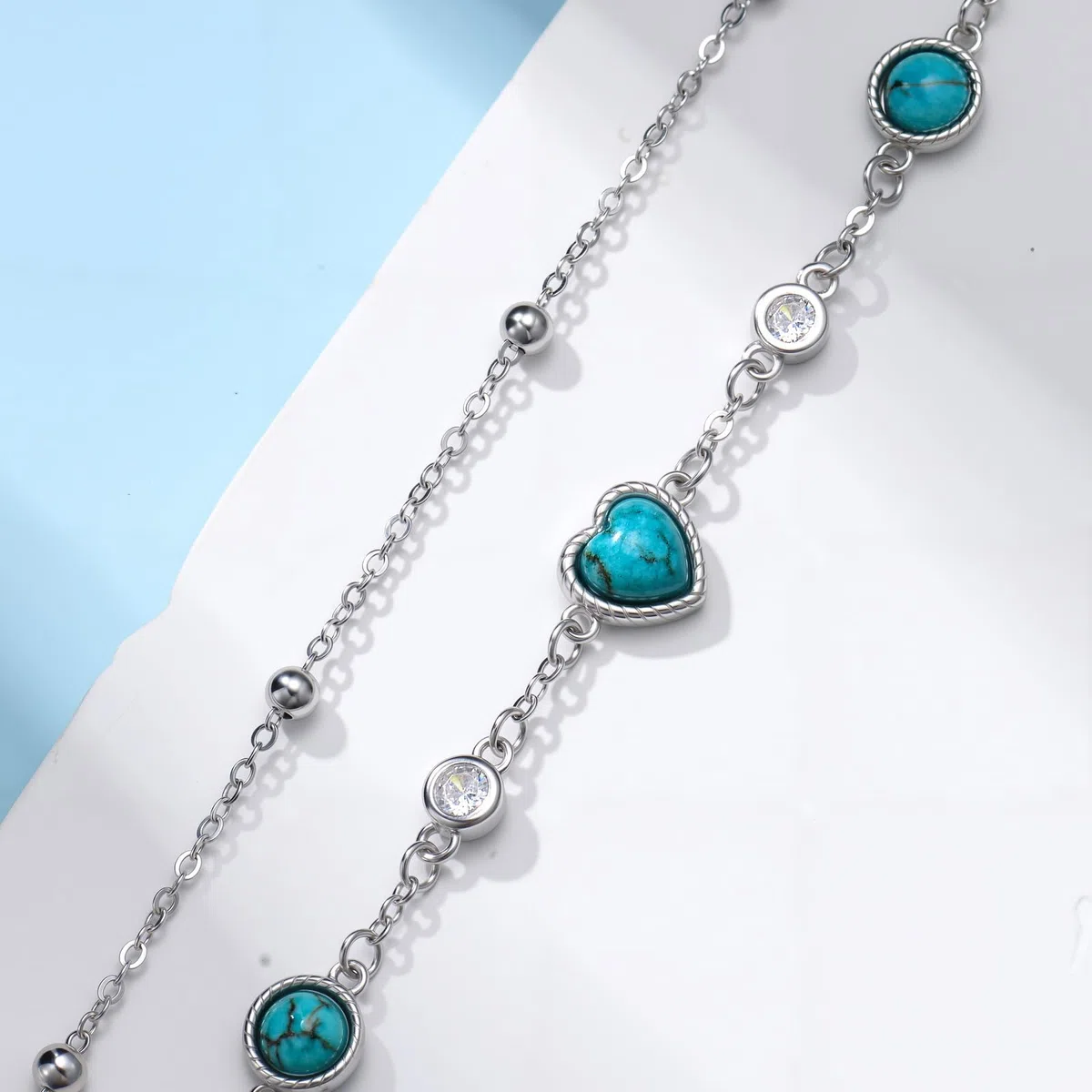 Tobillera de plata de ley 925 turquesa natural, pulsera ajustable de varias capas para mujer