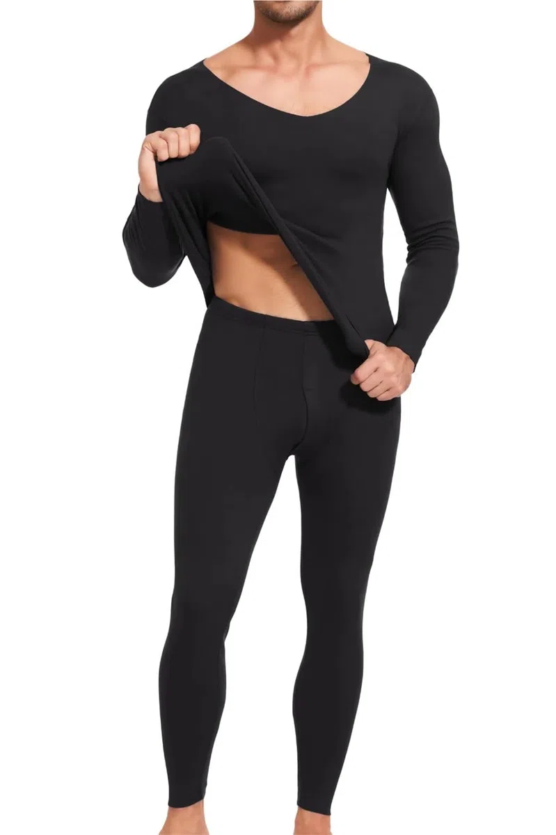 Conjuntos Térmicos Para Hombre Ropa interior térmica cepillada for hombre, conjunto de pantalones de manga larga con cuello en V, sin costuras, cómodos, de invierno Para El Running, El Esquí(Black,4XL