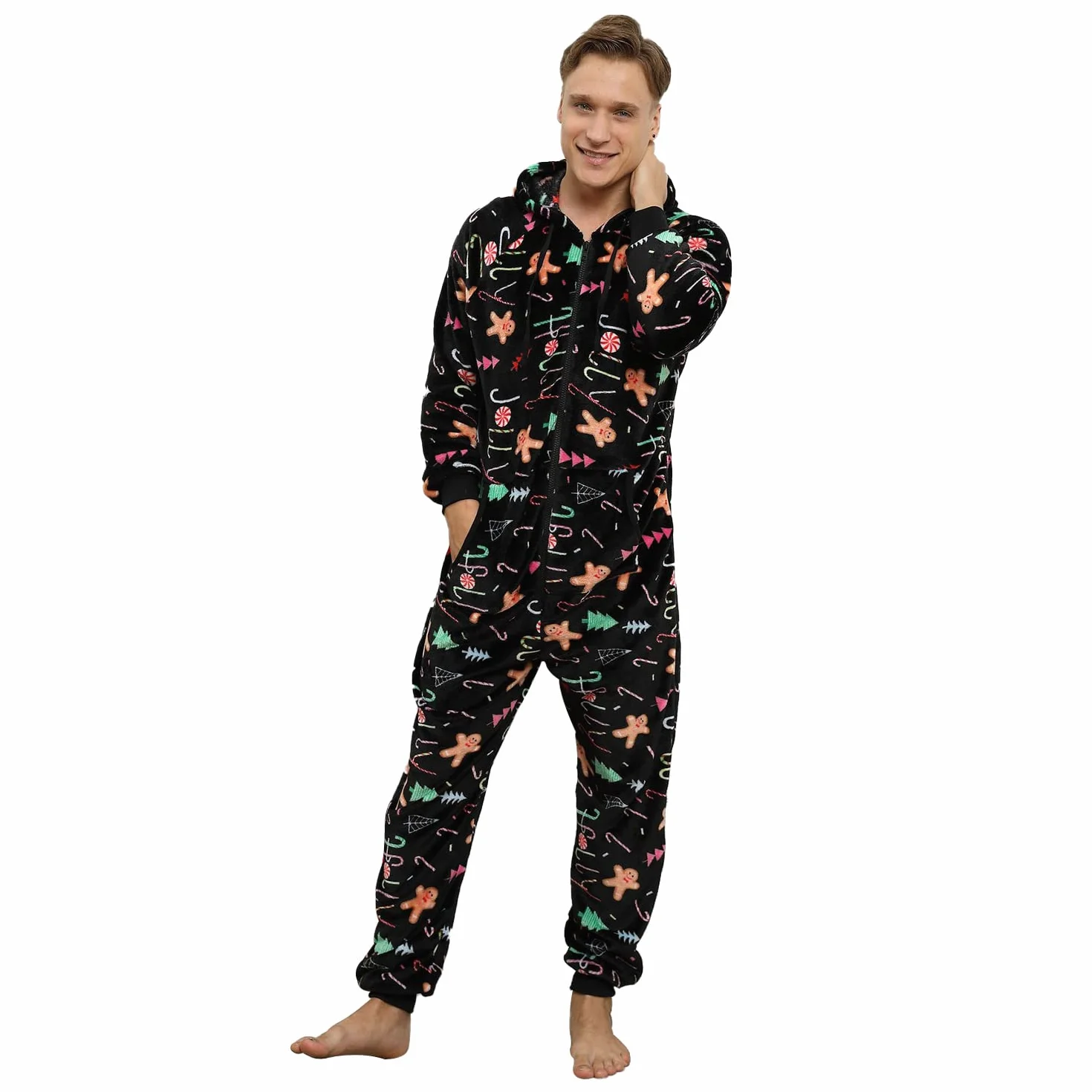 Pijama Navidad Una Pieza Hombre Franela Pijamas Mono Entero con Capucha Manga Larga Invierno Calentito Jumpsuit Adulto Onesie Ropa de Casa Dormir Caramelo de Navidad Negro M