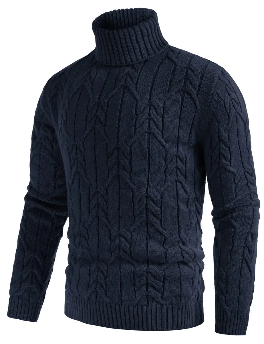 GRACE KARIN Suéter de punto torcido de color sólido de manga larga suéter de punto trenzado de cuello alto de los hombres, Azul marino/flor y brillo, XX-Large