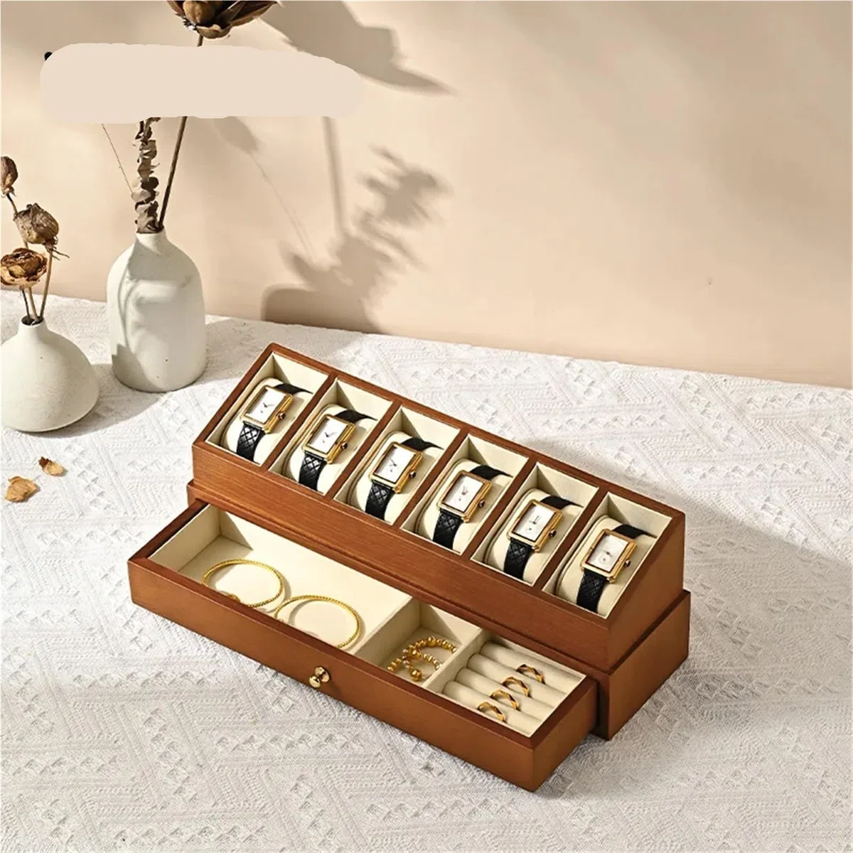 Caja de relojes de madera maciza Caja de reloj madera, organizador 6 rejillas, almacenamiento exhibición muñeca joyería doble capa