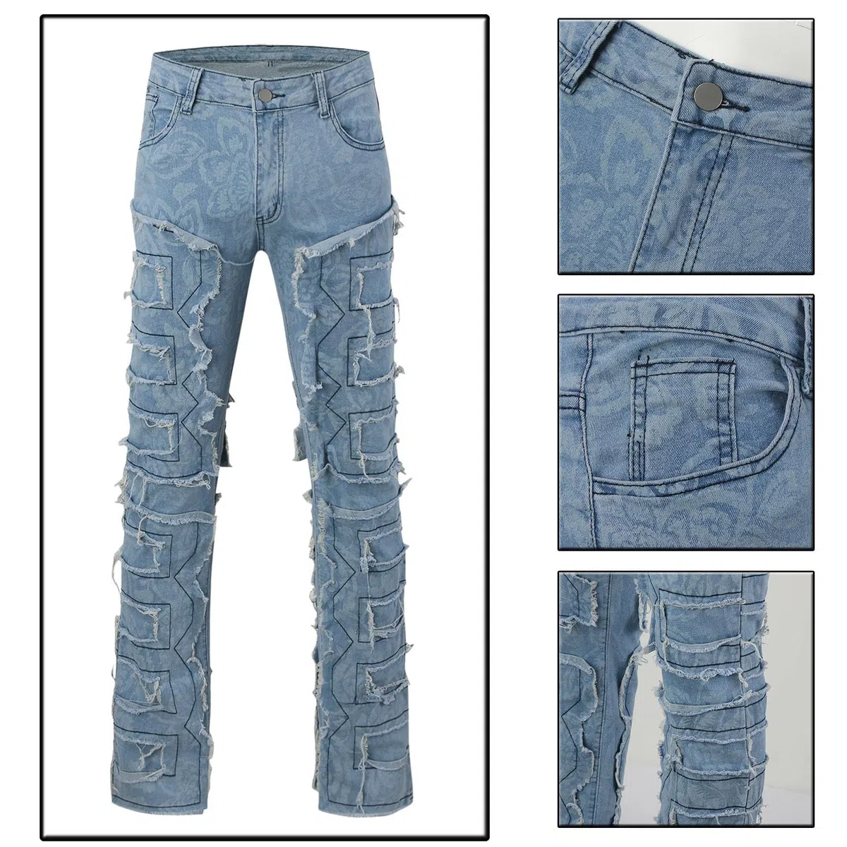 Jeans Blanco Hombre-Pantalones Vaqueros Corte Recto con decoración borlas Creativas para Hombre, Pantalones Vaqueros Informales Estilo Callejero Estiramiento Medio para Todas Las Estaciones