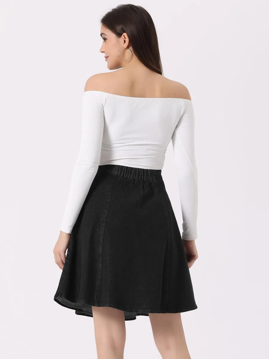 Allegra K Falda De Mezclilla Midi Casual Plisada Acampanada De Cintura Alta para Mujer