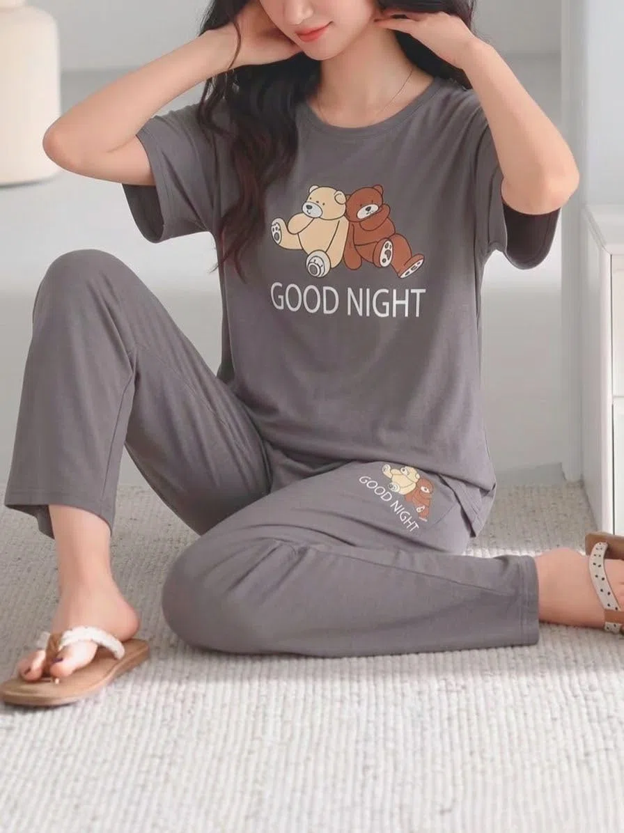 SMOWKLY Conjunto de pijama de dos piezas de mezcla de algodón de alta calidad con bonito estampado para mujer, camiseta elegante con pantalón de pijama, ropa de descanso cómoda