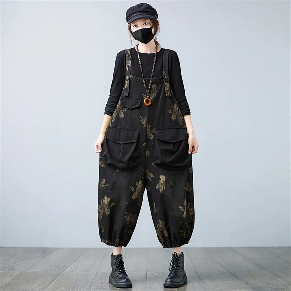 Monos de las mujeres con estampado floral de Jean overoles grandes bolsillos de pierna ancha pantalones de mezclilla con correa mamelucos, Negro, M largo