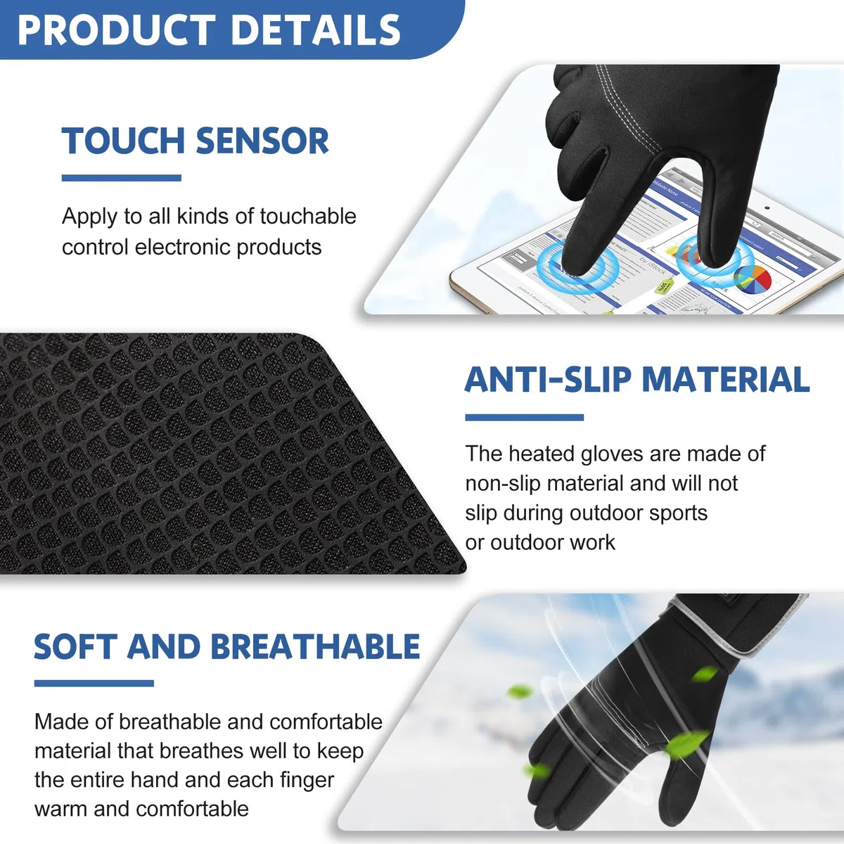 Guantes térmicos para hombres y mujeres, guantes delgados recargables, calentador de manos con pantalla de energía restante para escribir, conducir, ciclismo, senderismo, correr, caza
