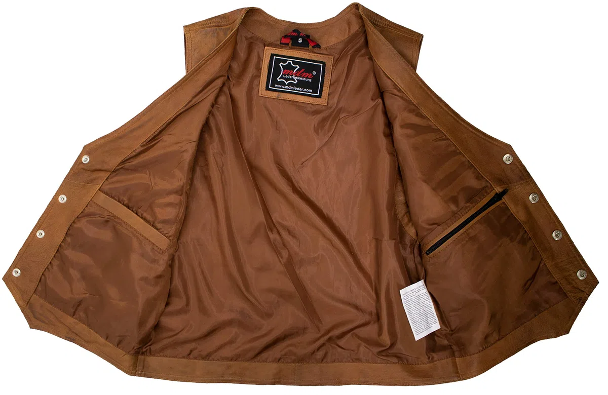 MDM Chaleco Hombre De Cuero Napa De Cordero Auténtico - Chaqueta Moto Hombre Sin Mangas, Chaleco Cuero Ligero Con Cuello En V, Bolsillos Interiores Y Exteriores