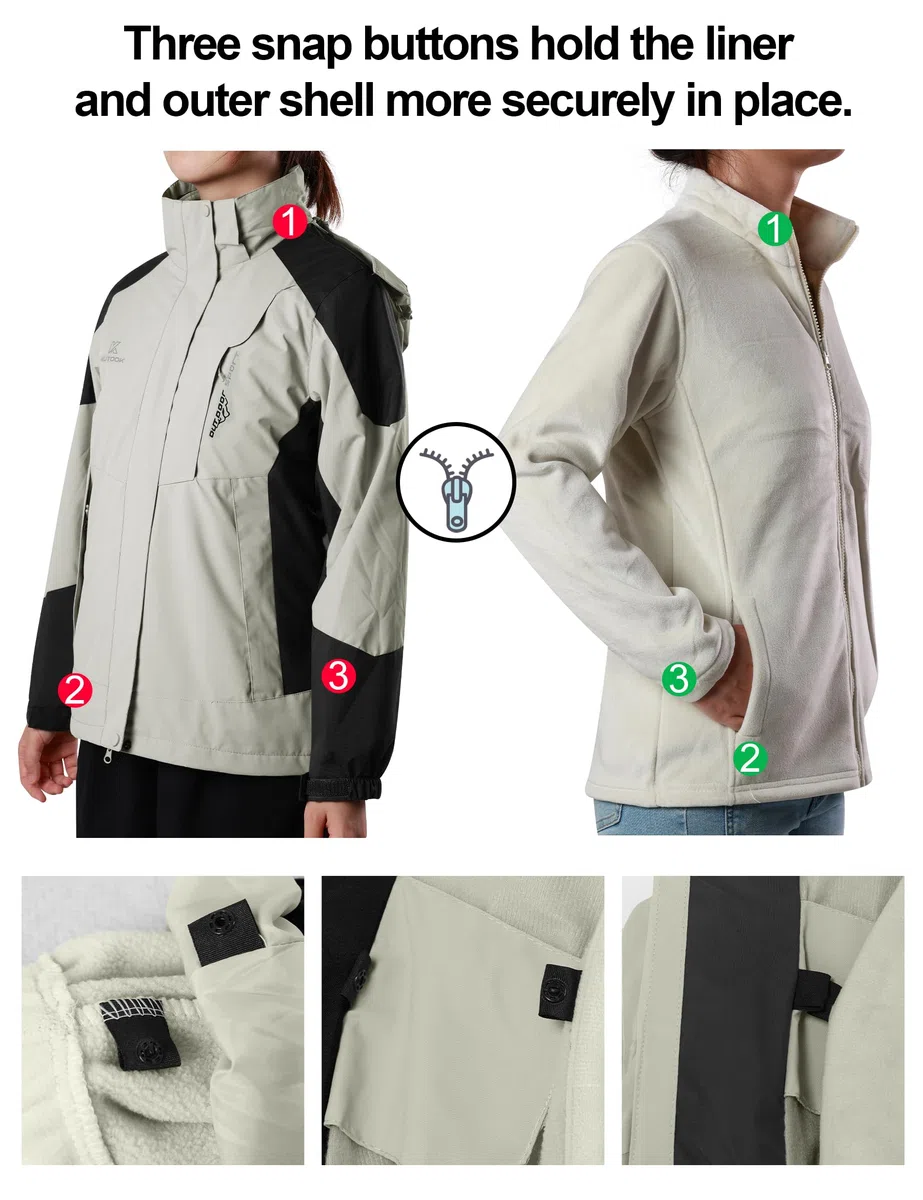 KUTOOK Chaqueta Softshell Impermeable para Mujer 3 en 1 Invierno Cortaviento con Cálido Forro Polar Senderismo Esquí Ciclismo
