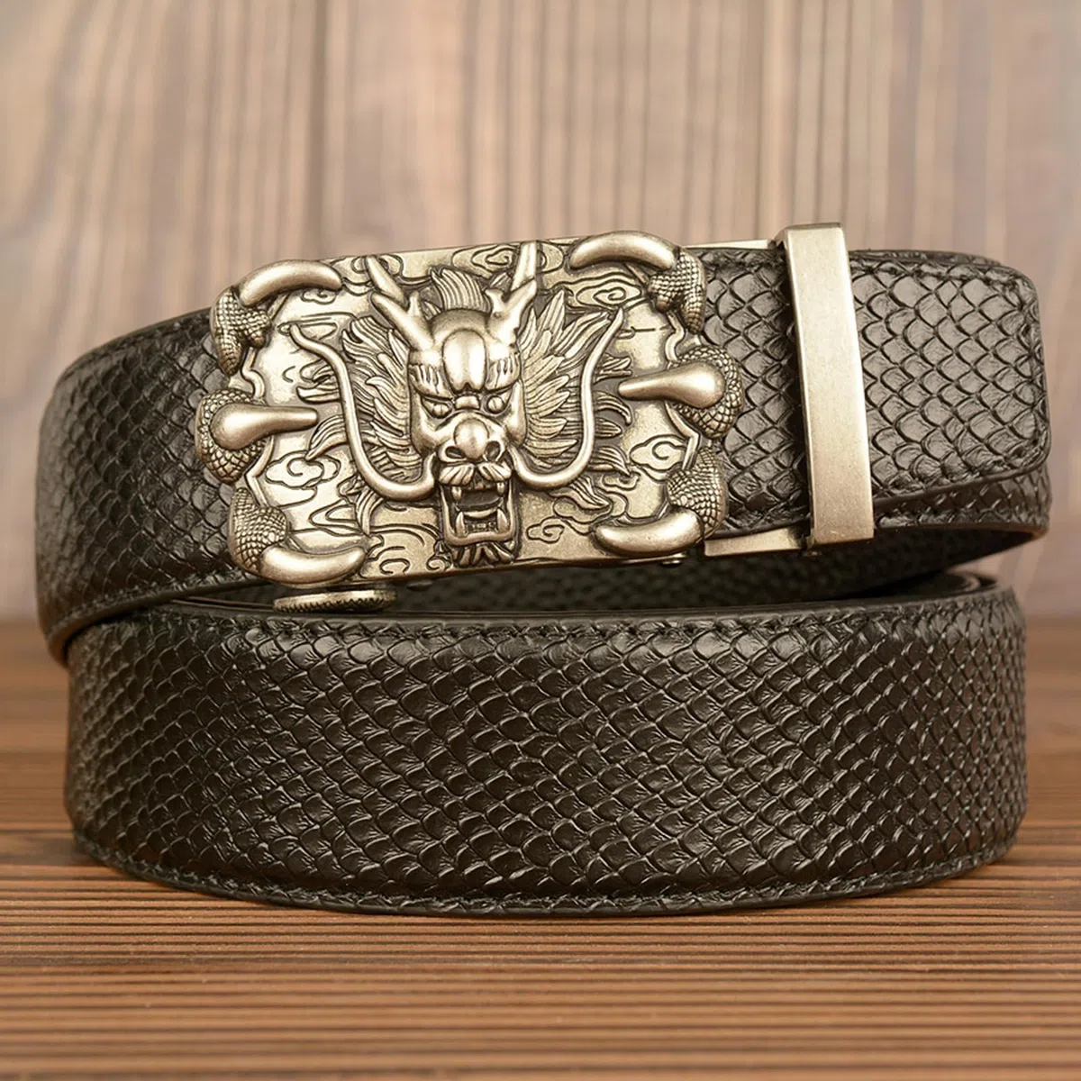 Cinturón De Cuero Con Trinquete Deslizante Occidental Diseño Piel Serpiente Hebilla Automática Dragón 120 Cm (cintura 41 ") Negro