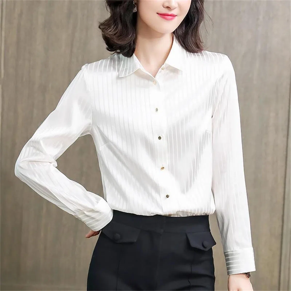 Blusa básica de satén de seda para mujer, cuello vuelto, manga larga, blusa a rayas
