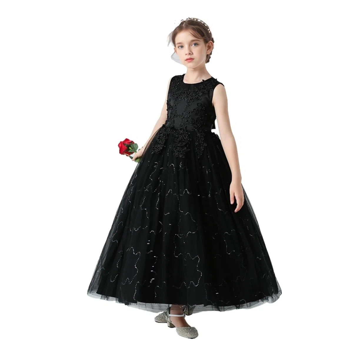 Vestido De Fiesta para NiñA Vestidos Infantiles for niñas, Vestido de Encaje, Ropa de Princesa for niños, Fiesta de Noche Formal, Vestidos de Boda for niñas con Flores(Black,130(5T))
