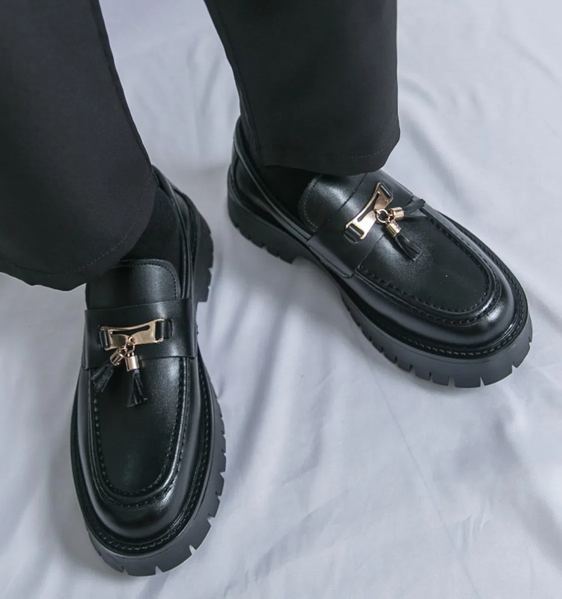 Mocasines Hombre Piel PU con Borlas Zapatos Vestir Casual Suela Gruesa