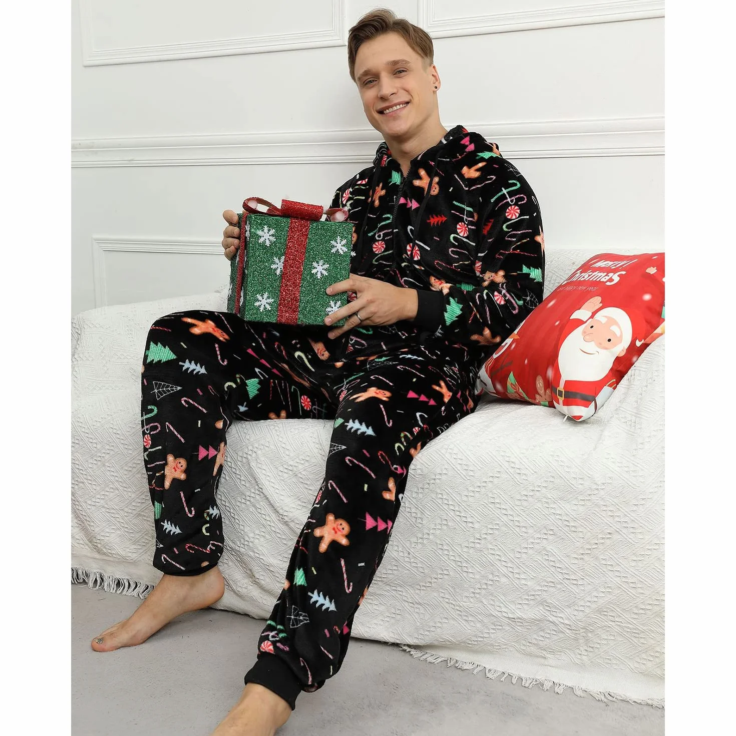 Pijama Navidad Una Pieza Hombre Franela Pijamas Mono Entero con Capucha Manga Larga Invierno Calentito Jumpsuit Adulto Onesie Ropa de Casa Dormir Caramelo de Navidad Negro M