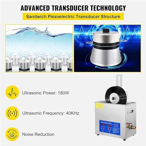 Limpiador ultrasónico para discos de vinilo, 180 W con temporizador y rotación automática, limpia de forma segura discos de 7 y 12 pulgadas sin daños