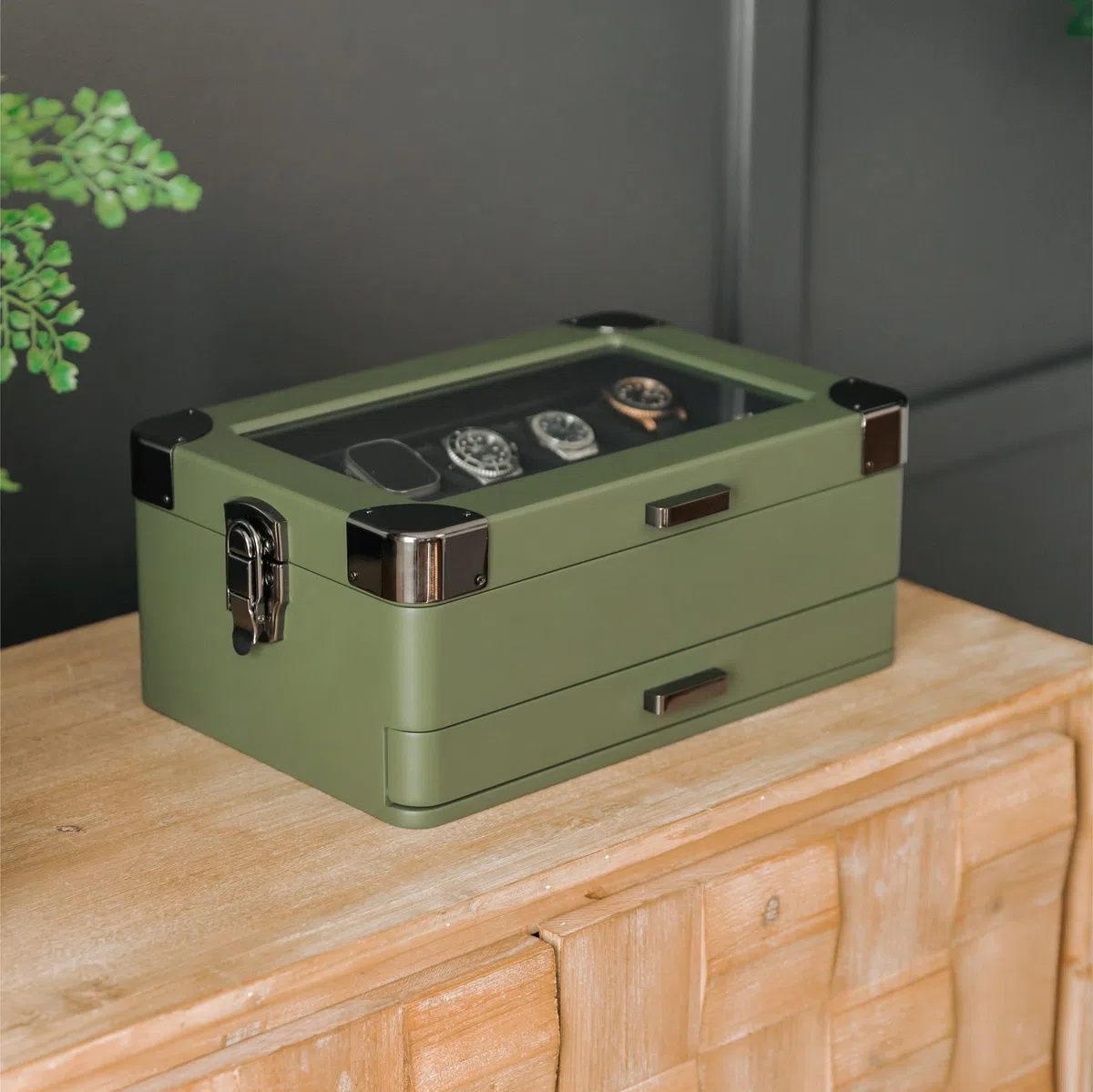 CASE ELEGANCE Caja organizadora militar para reloj con 10 ranuras para hombres, parte superior de cristal real, bandeja de valet modular, reloj Apple compatible con soporte para reloj Apple, verde