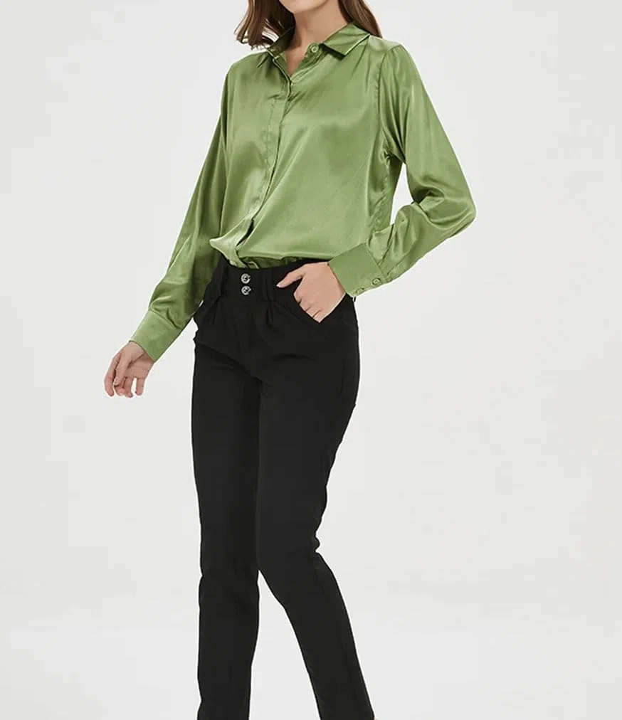 Camisas lisas para mujer, 100 % seda real, de manga larga, blusas de primavera y verano, para la oficina