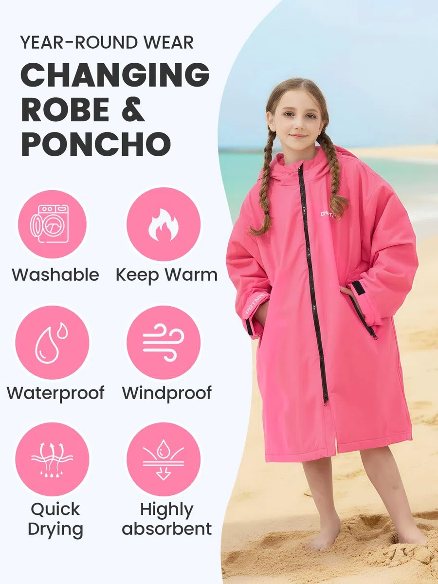 Owntop Bata Impermeable de Cambio para Adultos y Niños - Bata de Playa Seca y Ligera con Forro de Felpa Caliente | Abrigo con Capucha y Manga Murciélago de Gran Tamaño | Para Surf y Natación