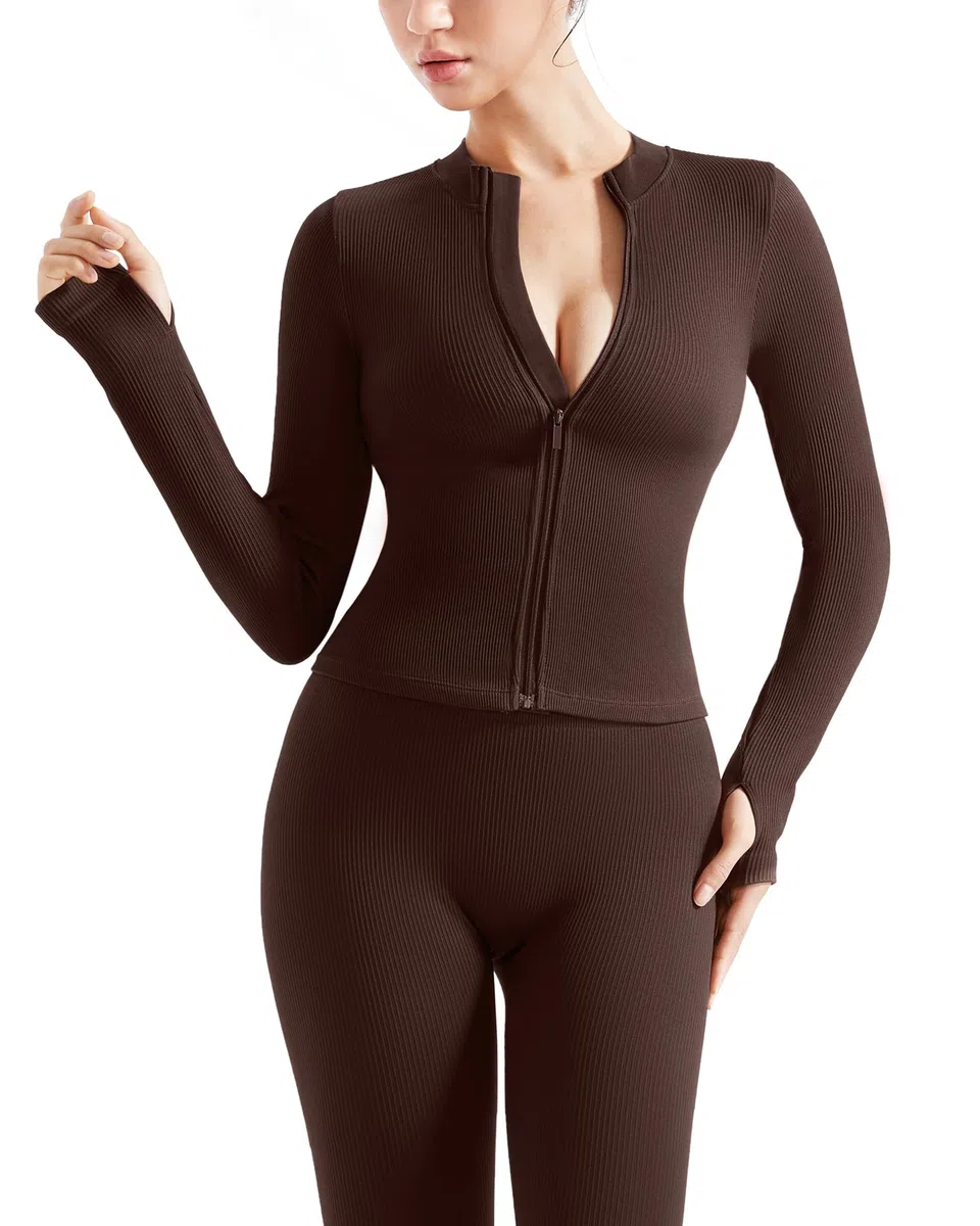 SUUKSESS Conjunto de entrenamiento acanalado sin costuras de 2 piezas para mujer, con chaqueta con cremallera, cintura alta, leggings de yoga para gimnasio