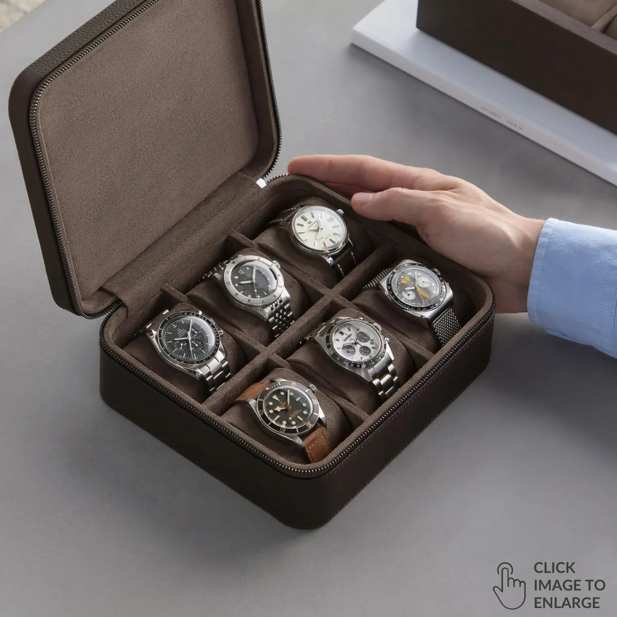 Funda para Reloj TAWBURY - Caja de Reloj de 6 Ranuras de Cuero Genuino de Grano Superior para Hombres y Mujeres con Almohadillas Extra Anchas para Relojes Grandes - Almacenamiento Portátil de Relojes