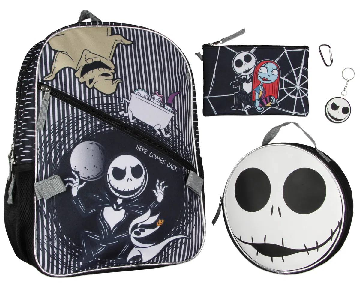 Disney Nightmare Before Christmas Jack Skellington - Juego de mochila de 5 piezas con fiambrera, estuche para lápices, mosquetón y llavero de 16 pulgadas
