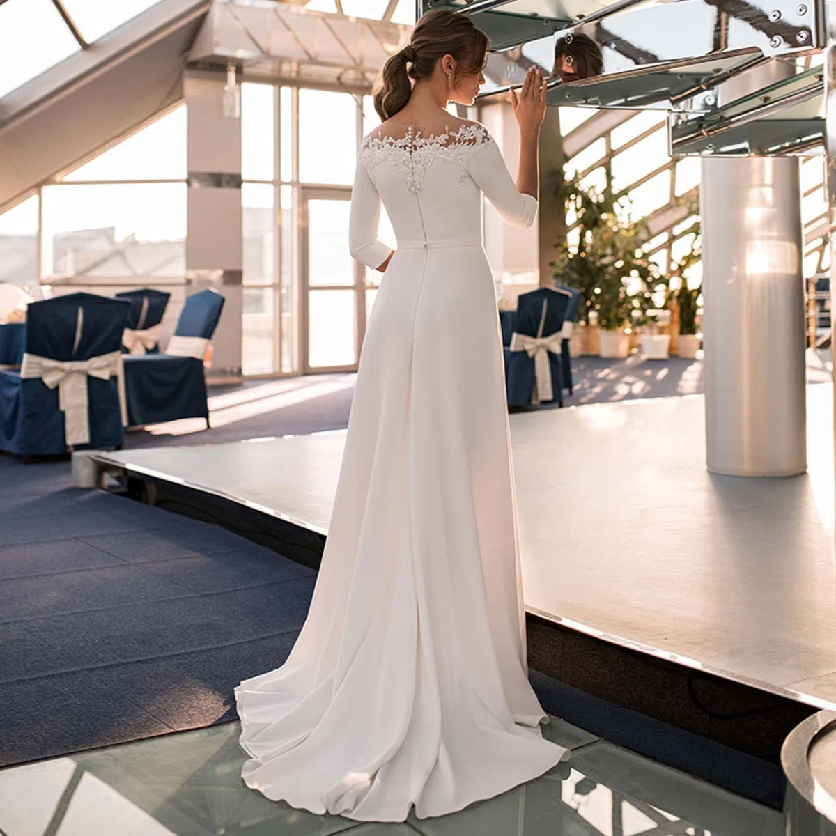 Vestido de Novia Retro, Vestido de Novia de 3/4 Mangas con Cremallera de Satén sobre Hombros, Blanco, 14W