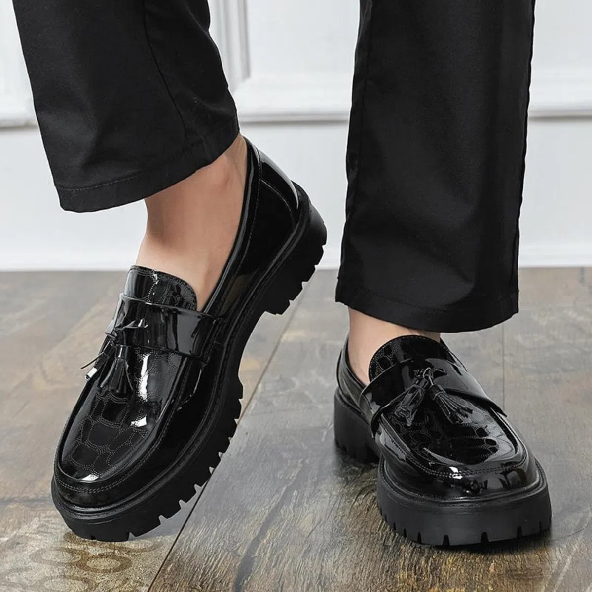 Mocasines Plataforma Hombre Zapatos Vestir Slip-On De Piel Charol | Zapatos Formales De Estilo Moderno Con Borlas, Puntera Redonda Y Suela De Goma, Para Bodas Y La Oficina