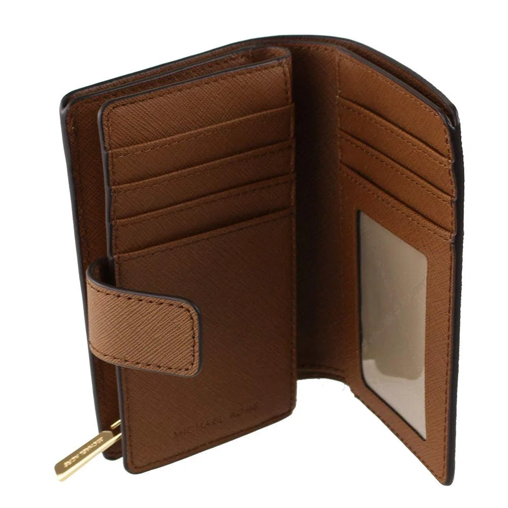 Michael Kors Billetera de Viaje Jet Set Logotipo Impreso Iniciales, Marrón, Cuero Saffiano, Bifold, Mujeres-Adultos, Con Monedero con Cremallera Forrado