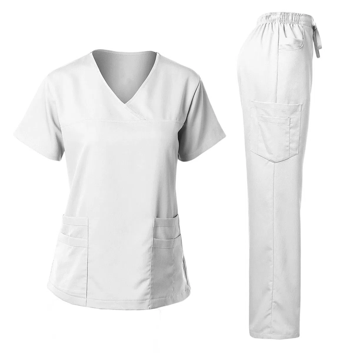 Uniformes Sanitarios Mujer Conjunto médico de Enfermera for Mujer, Pantalones Largos Manga Corta con Cuello en V, Ropa Trabajo Profesional acogedora médica | White,L