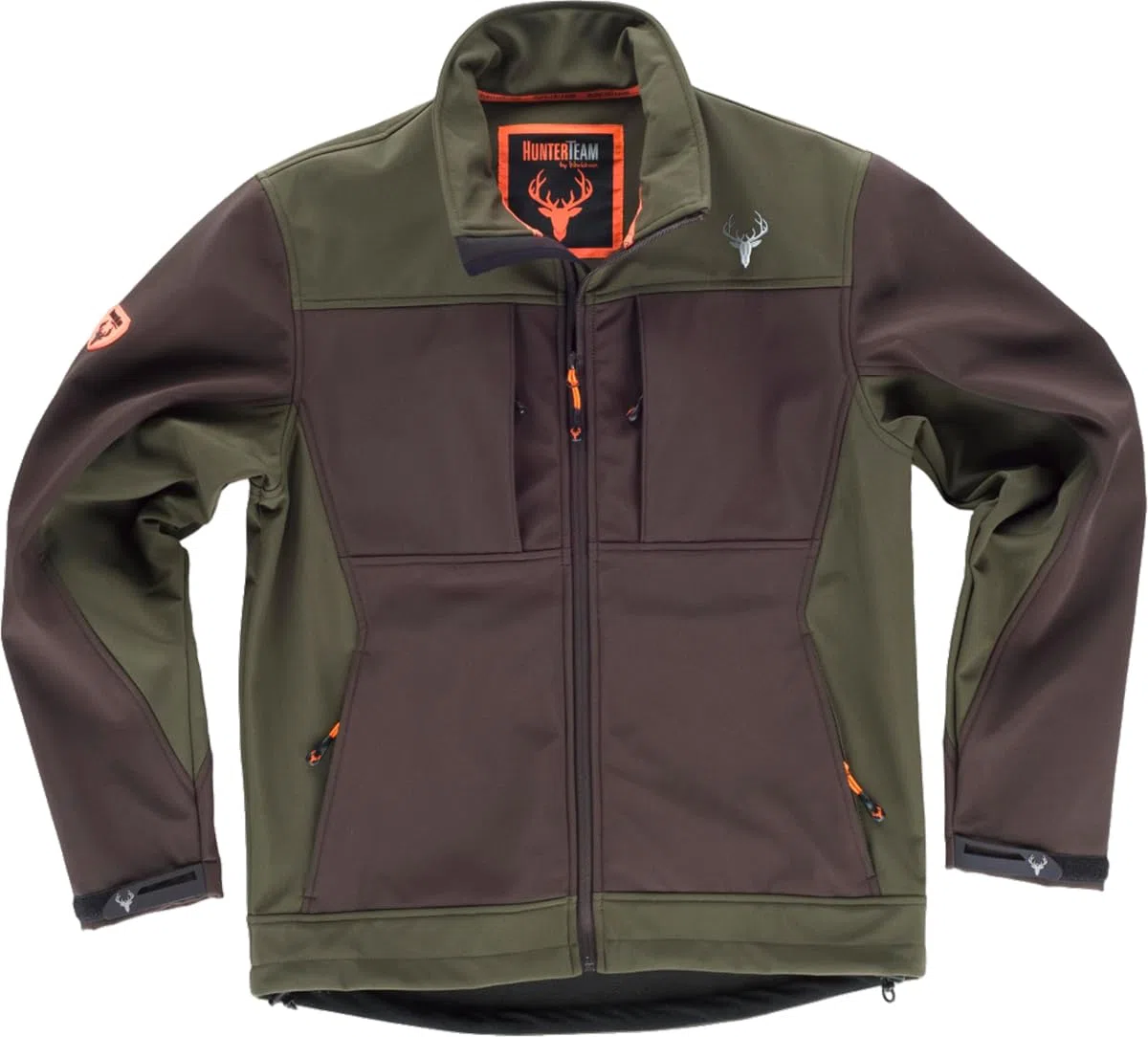 WORKTEAM Cazadora Caza y Pesca Softshell combinada con canesús. Cuello Alto y cubrecosturas Interior. Cierre de Cremallera de Nylon. Unisex