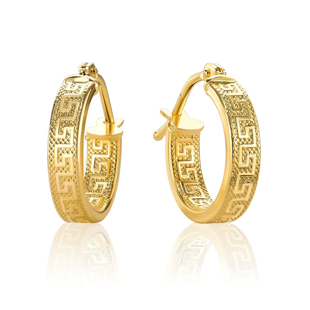 Pequeños pendientes de aro con llave griega de oro amarillo de 18 quilates/750 diamantados (2 x 14 mm Ø) - PRI37A