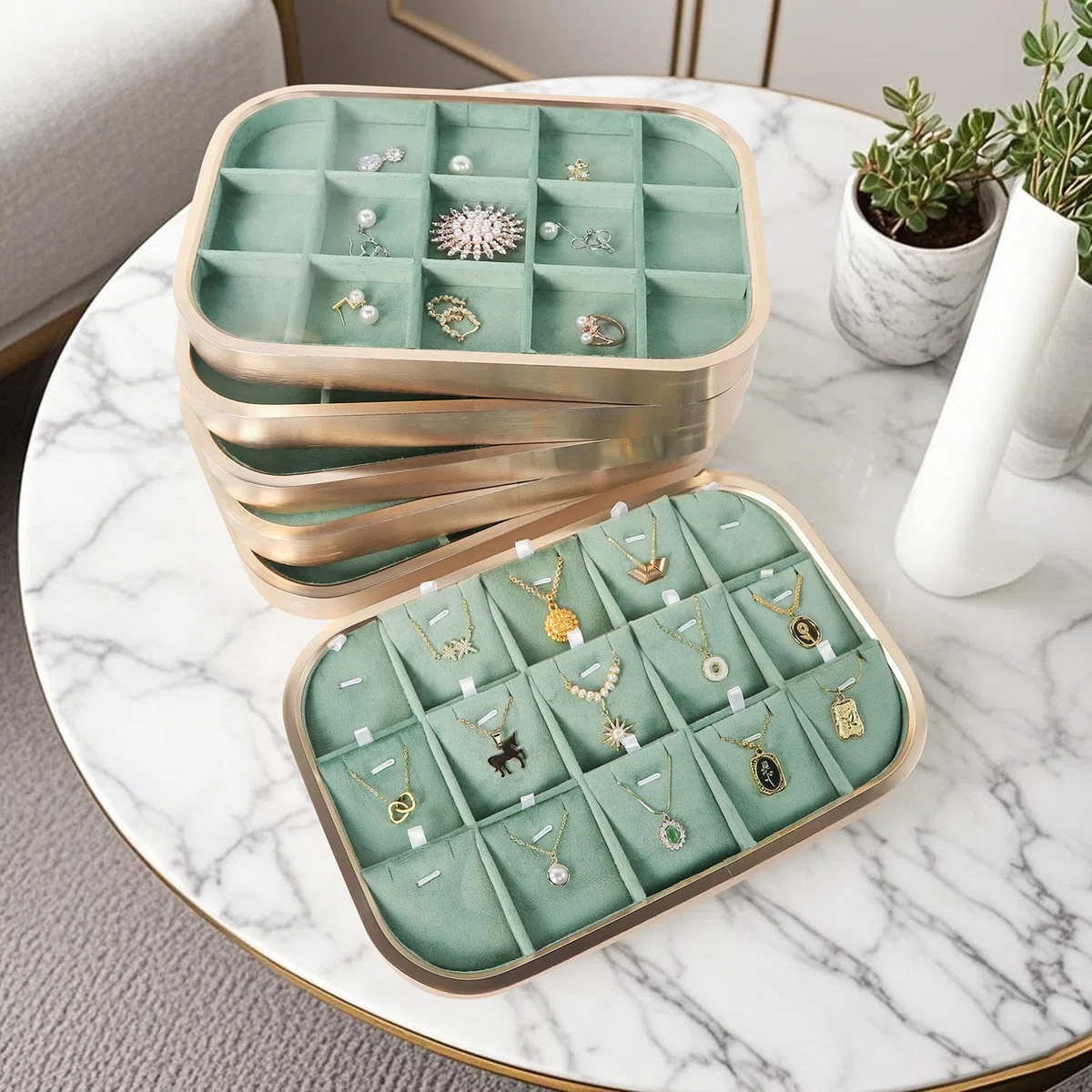 Bandeja organizadora joyas, bandeja exhibición elegante apilable anillos
