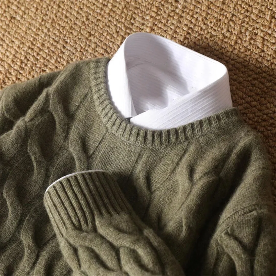 Jersey Trenzado con Cuello Redondo para Hombre, Suéter De Cachemira De Manga Larga Suelto De Punto