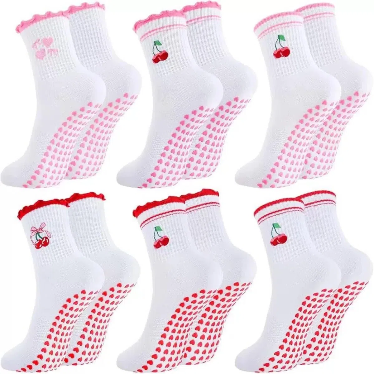 Calcetines Pilates Mujer Antideslizantes 4 Pares De Manguito Ruffle Cereza Bordado Yoga Agarre para Las Mujeres, Antideslizante Medio Ternera Barre Y Entrenamiento-6 Pairs