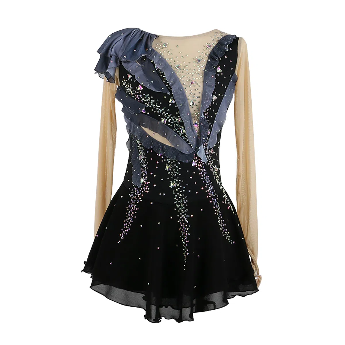 Vestido Patinaje Artístico Mujer Negra Manga Larga/Sin Mangas Pedrería Hecha a Mano Maillot Competición de Niña Vestido de Baile Latino